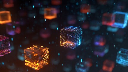 Illuminated data streams with suspended cubes creating a futuristic digital landscape