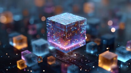 Illuminated data streams and suspended cubes create a futuristic digital landscape