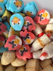 colorful chocolate candies, vegetable, food, red, fish, pink, market, stack, white