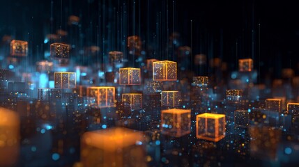 Illuminated data streams with suspended cubes creating a futuristic digital landscape