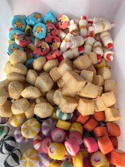 colorful wooden toys, vegetable, food, red, fish, pink, market, stack, white