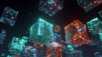 Illuminated data streams and suspended cubes create a futuristic digital landscape