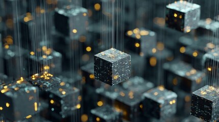 Illuminated data streams and suspended cubes create a futuristic digital landscape