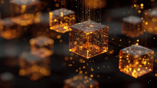 Illuminated data streams and suspended cubes create a futuristic visual experience