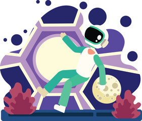 Astronaut floating in futuristic space station illustration