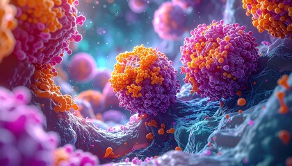 Microscopic view of colorful, spherical biological structures