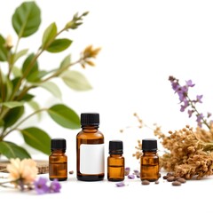 An arrangement of essential oil bottles surrounded by fresh leaves and flowers, creating a natural and calming scene.