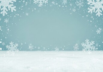 Soft blue winter background with snowy ground, falling snow, and large decorative snowflakes