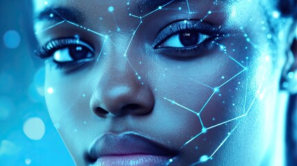 A digital artwork of a woman’s face overlaid with glowing blue neural network lines and nodes on a dark background