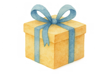 Yellow watercolor gift box with blue ribbon bow. Celebrating holidays, birthdays, presents, and surprise
