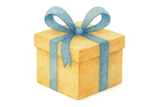 Yellow watercolor gift box with blue ribbon bow. Celebrating holidays, birthdays, presents, and surprise - Powered by Adobe