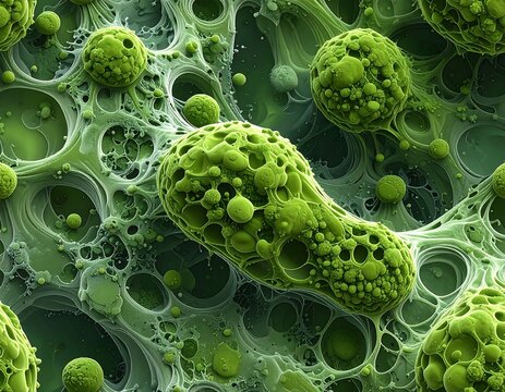 Microscopic view of green cellular structures with interconnected formations