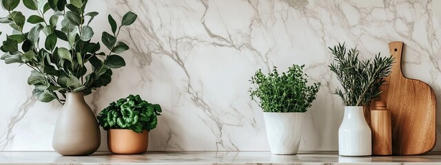 Four potted herbs in white and terracotta pots lined up on a marble kitchen counter with a wooden cutting board