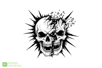 Fototapeta premium Shattered Skull Vector Illustration with Exploding Head and Shar