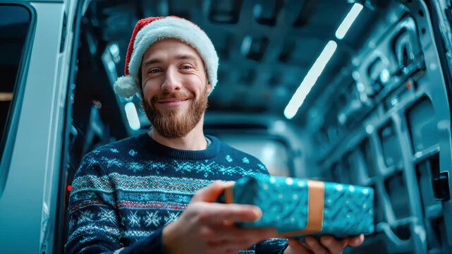 Cheerful man in Santa hat holding a wrapped Christmas gift while standing in a delivery van during the holiday season