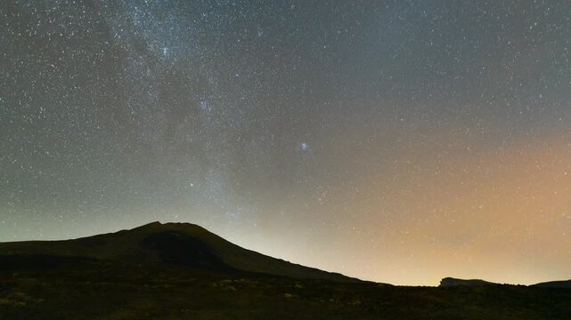 Stunning 4K time lapse of the winter Milky Way rising above Mount Teide in Tenerife National Park, Canary Islands. The bright galactic core, stars, and volcanic landscape create a breathtaking night