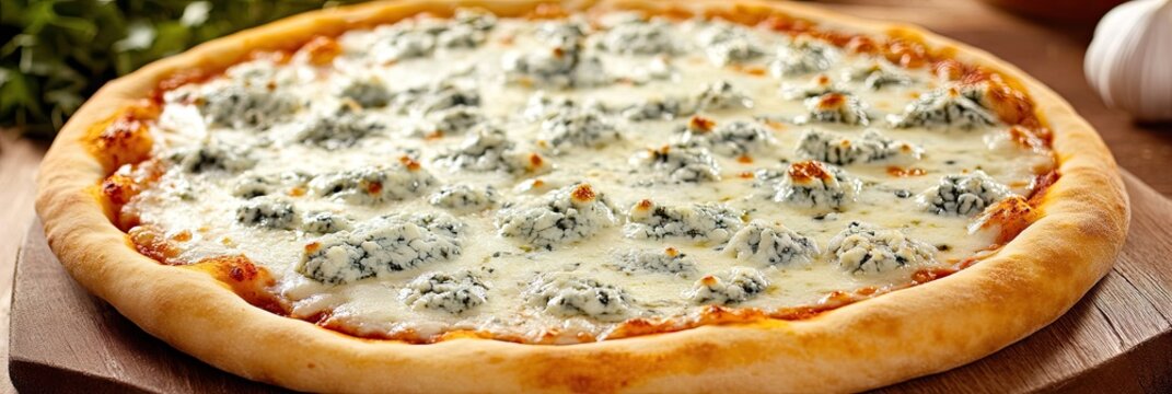 A freshly baked pizza topped with melted blue cheese and a golden crust on a wooden board - Powered by Adobe