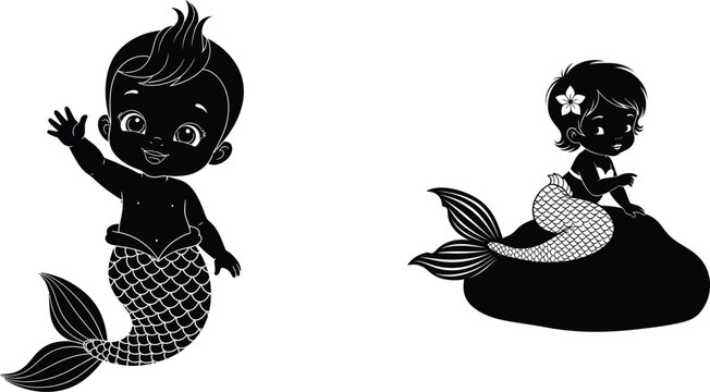 Cute Baby Mermaids, Merman, and Fantasy Sea Children Vector Silhouette