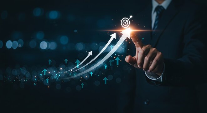 Sales performance and business growth. A manager points at a target on an increasing arrow chart, symbolizing achieving sales goals and high performance