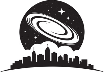 Cityscape Silhouette with Planetary Rings Space Vector Illustration Black Background © Zakir Ali