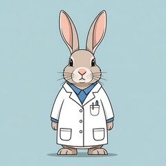An illustration of a bunny wearing a lab coat and a collared shirt with its ears standing upright. The background is a solid light blue