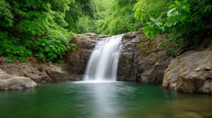 Naklejka premium Tropical waterfall flowing into clear pool surrounded by lush green forest, concept of travel, nature and tranquility.