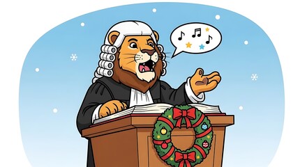 An illustration of a lion dressed as a barrister, singing music notes above a podium decorated with a Christmas wreath