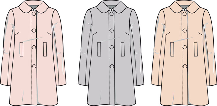 Fashion Illustrations of Classic Coats in Pastel Colors, Featuring Button Details and Elegant Designs