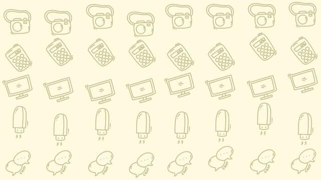 Dynamic hand-drawn wave pattern computer graphic. Doodle icons include vintage monitors, data disks, routers, and digital messages