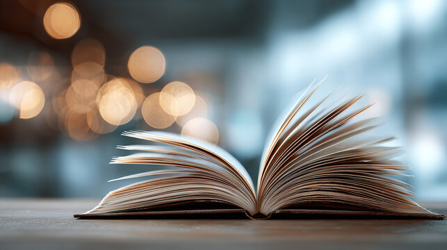 An open book with pages fanned out, blurred background. A tranquil image of knowledge and reading. The background is a soft display of lights