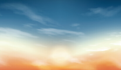 Soft gradient sunrise sky background with gentle clouds and warm orange-blue tones. Perfect for posters, social media, web design, or inspirational artwork. Calm and uplifting atmosphere