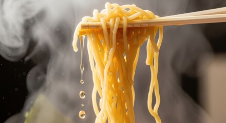 Steaming hot noodles lifted by chopsticks with rising steam