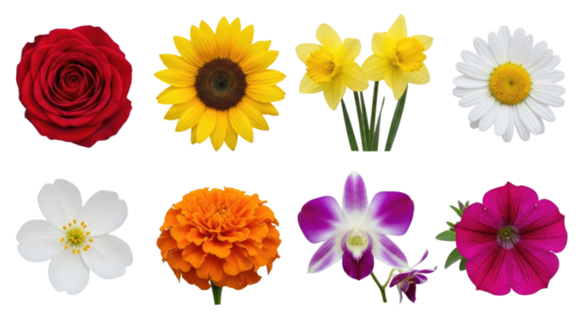 Collection of eight different flowers transparent background cutout png - Powered by Adobe