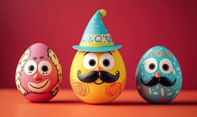 Obraz premium Three decorated Easter eggs with cartoonish faces and festive hats on a bright red background