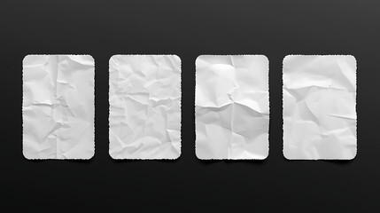 A set of four blank white rectangular paper stickers with realistic textures is presented against a solid black background. Each sticker features unique folds, rounded corners.