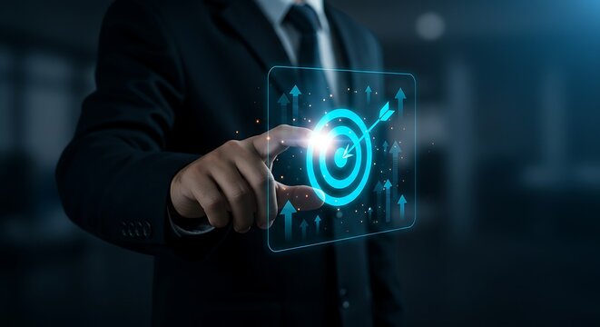Businessman touching digital holographic target icon symbolizing success, strategy, and goal achievement in modern technology and business innovation