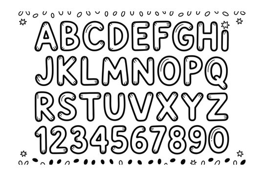 Black and white cartoon bubble alphabet letters and numbers illustration