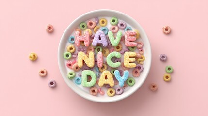 Colorful cereal in a bowl forms the cheerful message "Have Nice Day" on a pastel pink background highlighting a fun and playful breakfast theme