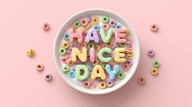 Colorful cereal in a bowl forms the cheerful message "Have Nice Day" on a pastel pink background highlighting a fun and playful breakfast theme