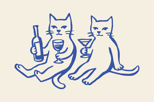 two cats drinking wine doodle sketch minimal line drawing vector illustration