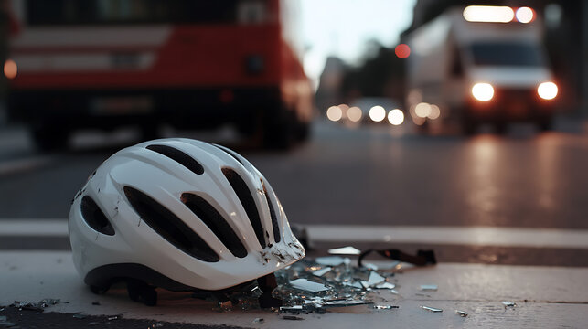 Aftermath of a bicycle accident on a city street, a white helmet rests beside shattered glass. Traffic blurs in the background. The scene conveys the dangers cyclists face.