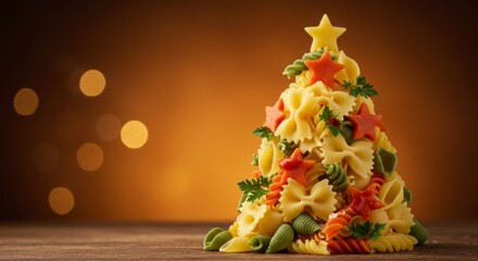 Creative Christmas tree made of colorful pasta and herbs