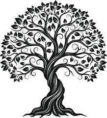 Intricate black and white ornamental tree with twisted trunk and detailed foliage vector