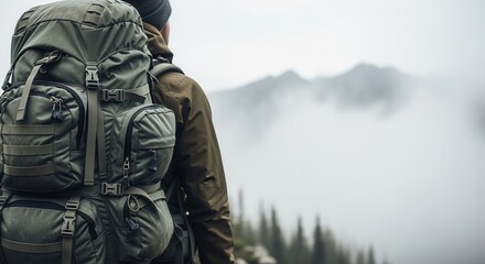Fototapeta premium Hiker with a large backpack seen from behind in a foggy mountain landscape. Outdoor adventure and exploration concept with copy space for text