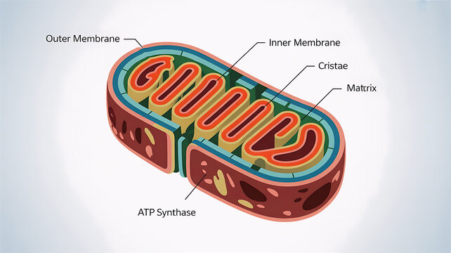 Scientific diagram of a mitochondrion labeled with outer membrane inner membrane cristae matrix and ATP synthase shown on a clean white background for biology education and research illustration