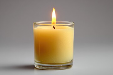 Burning yellow candle in a clear glass jar on a gray background