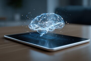 Digital Brain Hologram on Tablet, Artificial Intelligence Concept