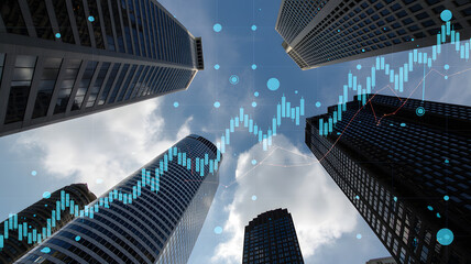 Dynamic stock market growth visualized against soaring modern city skyscrapers under a bright blue sky, symbolizing financial success and urban progress.