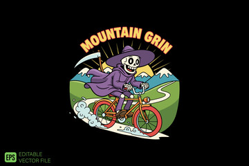 Mountain Grin Skeleton Riding Bicycle with Scythe.