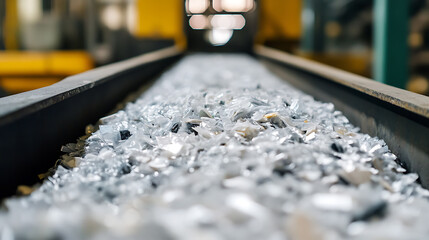 Pieces of reflective material move along a conveyor belt in a manufacturing facility. The close-up perspective highlights textures and industrial efficiency, creating a dynamic visual.